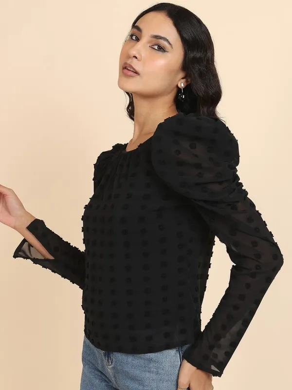 Tokyo Talkies Women Black Self Design Regular Top