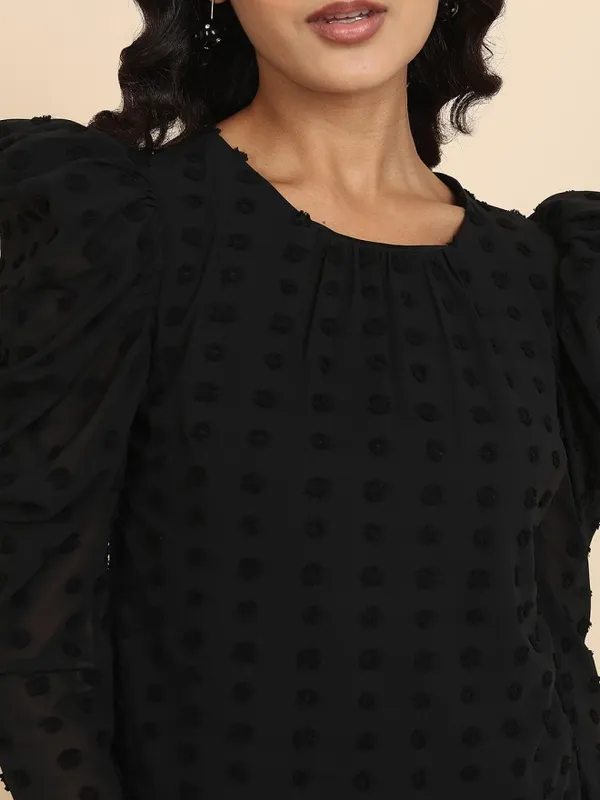 Tokyo Talkies Women Black Self Design Regular Top