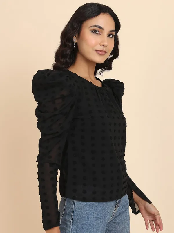 Tokyo Talkies Women Black Self Design Regular Top
