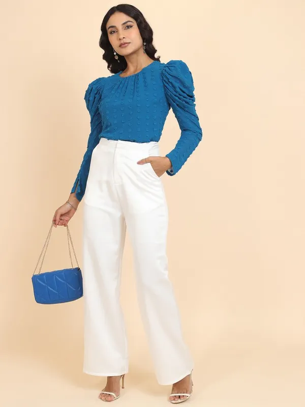 Tokyo Talkies Women Blue Self Design Regular Top