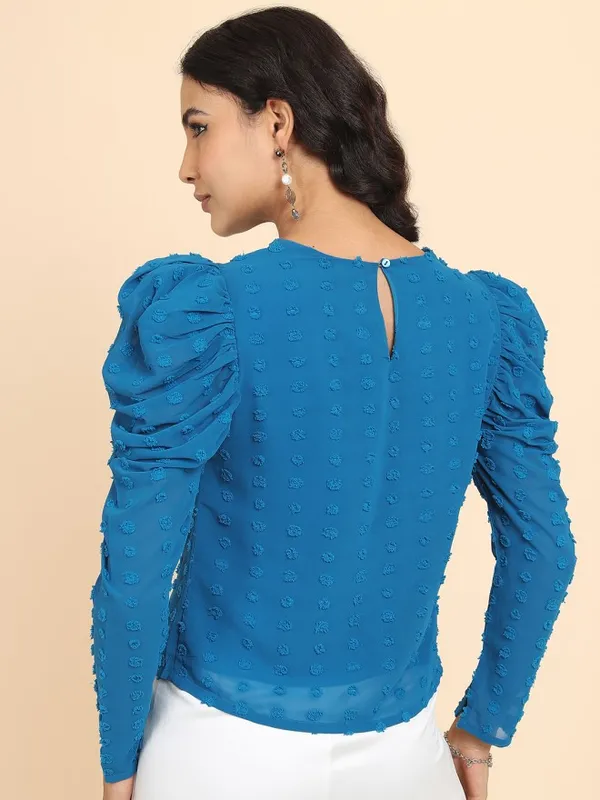 Tokyo Talkies Women Blue Self Design Regular Top