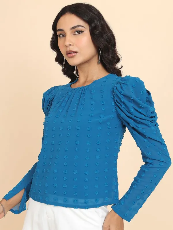 Tokyo Talkies Women Blue Self Design Regular Top