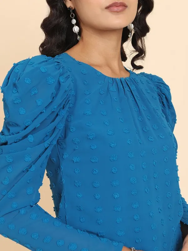 Tokyo Talkies Women Blue Self Design Regular Top