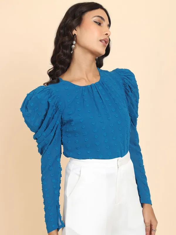 Tokyo Talkies Women Blue Self Design Regular Top