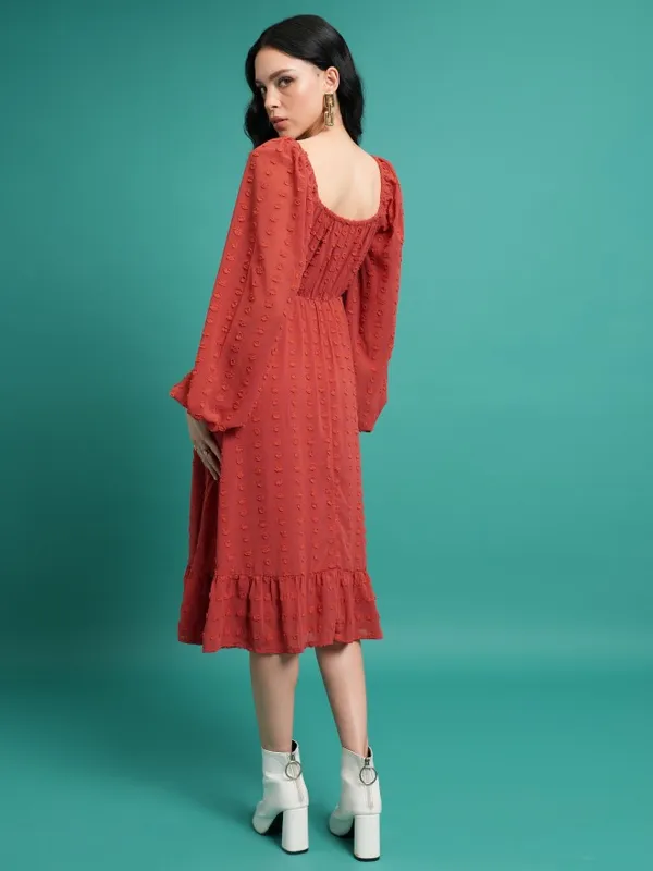 Tokyo Talkies Women Red Self Design A-Line Dress