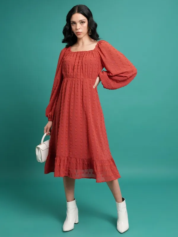 Tokyo Talkies Women Red Self Design A-Line Dress