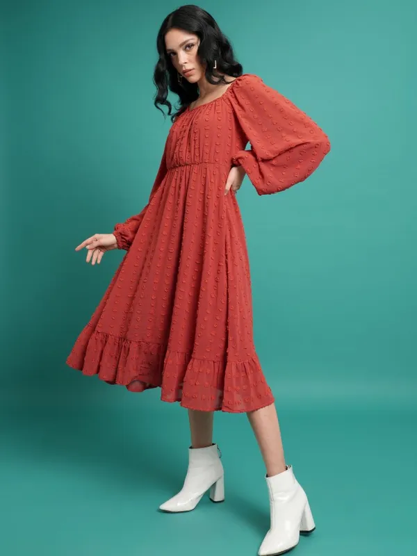 Tokyo Talkies Women Red Self Design A-Line Dress