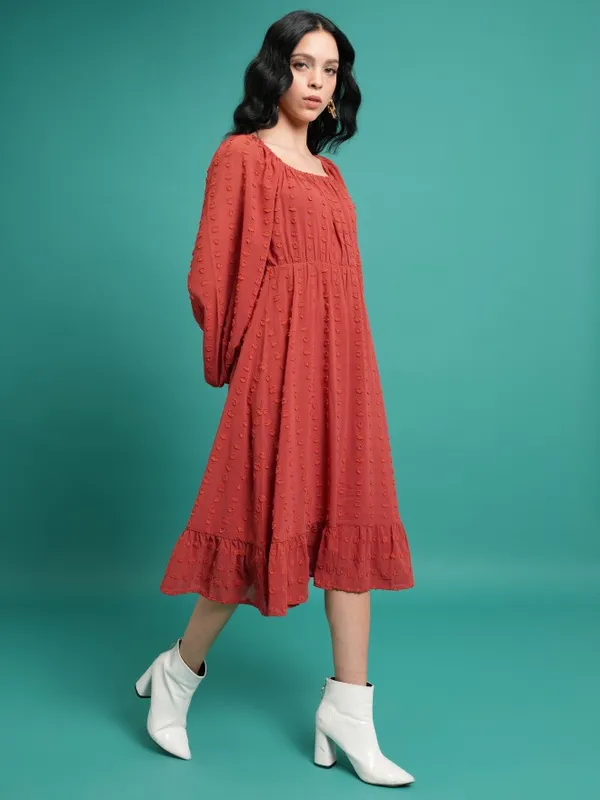 Tokyo Talkies Women Red Self Design A-Line Dress