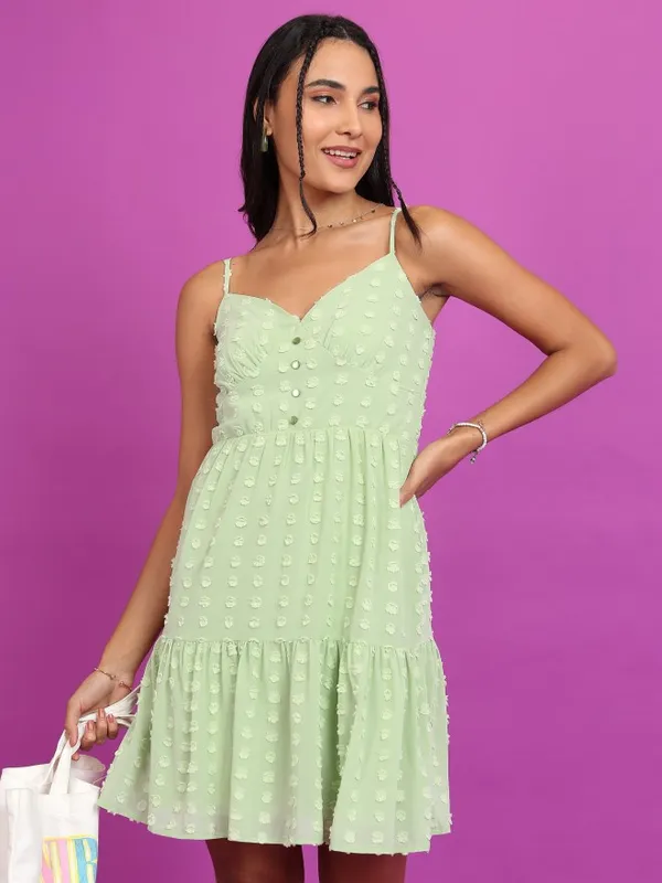 Tokyo Talkies Women Green Self Design A-Line Dress