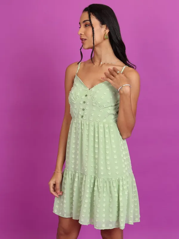Tokyo Talkies Women Green Self Design A-Line Dress