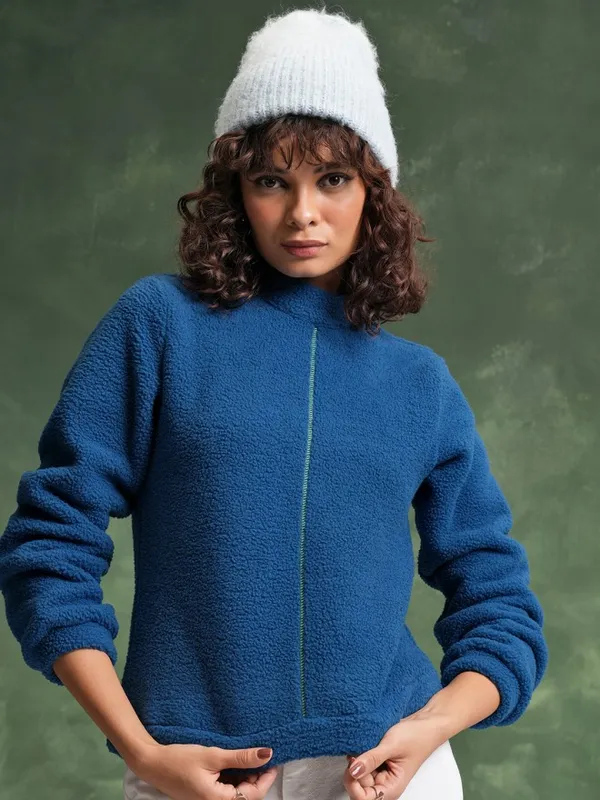  Tokyo Talkies Women Teal Solid Front-Open High Neck Sweatshirts