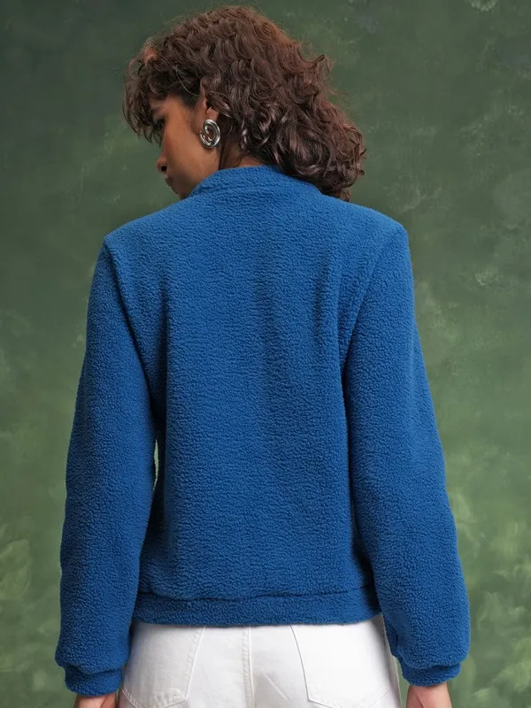  Tokyo Talkies Women Teal Solid Front-Open High Neck Sweatshirts