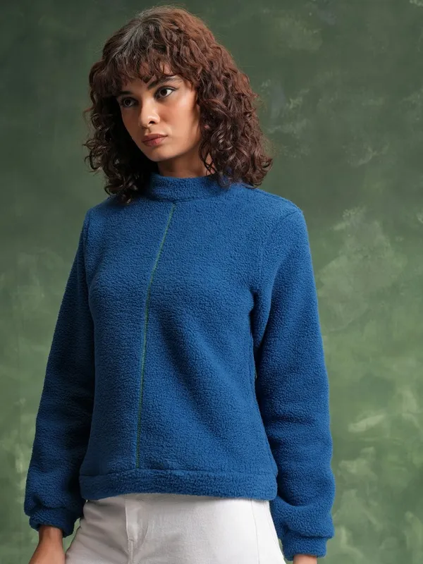  Tokyo Talkies Women Teal Solid Front-Open High Neck Sweatshirts