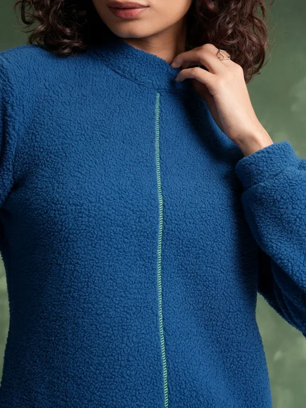  Tokyo Talkies Women Teal Solid Front-Open High Neck Sweatshirts