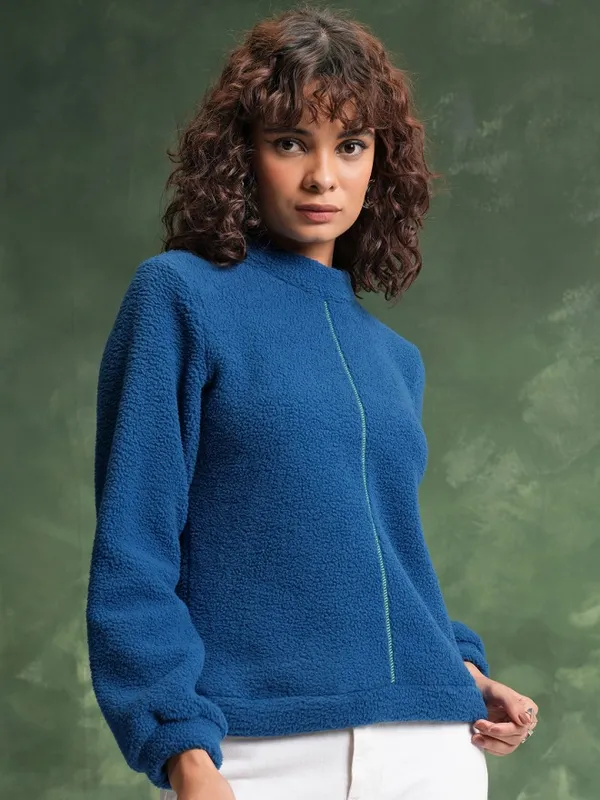  Tokyo Talkies Women Teal Solid Front-Open High Neck Sweatshirts