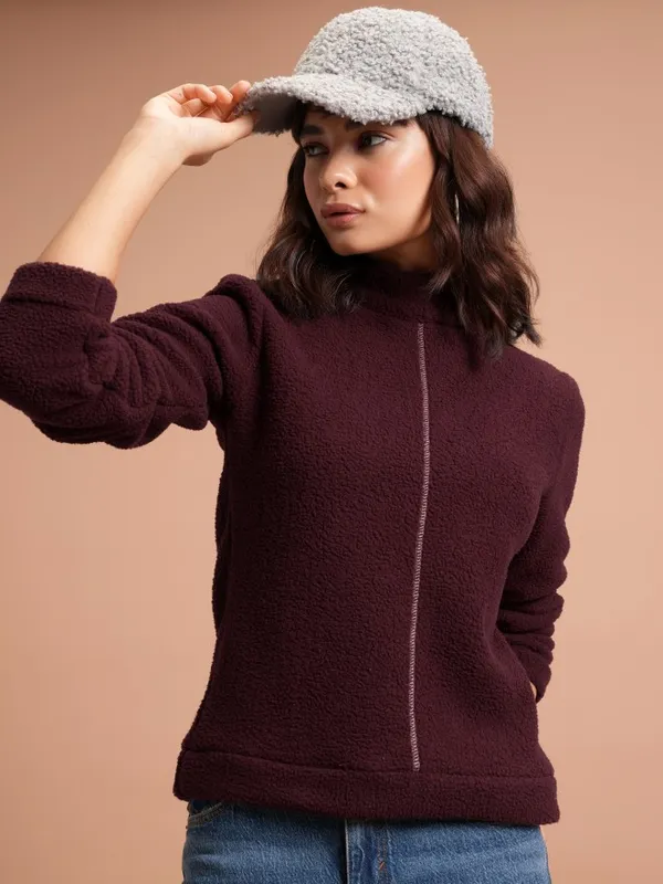  Tokyo Talkies Women Maroon Solid Pullover High Neck Sweatshirts