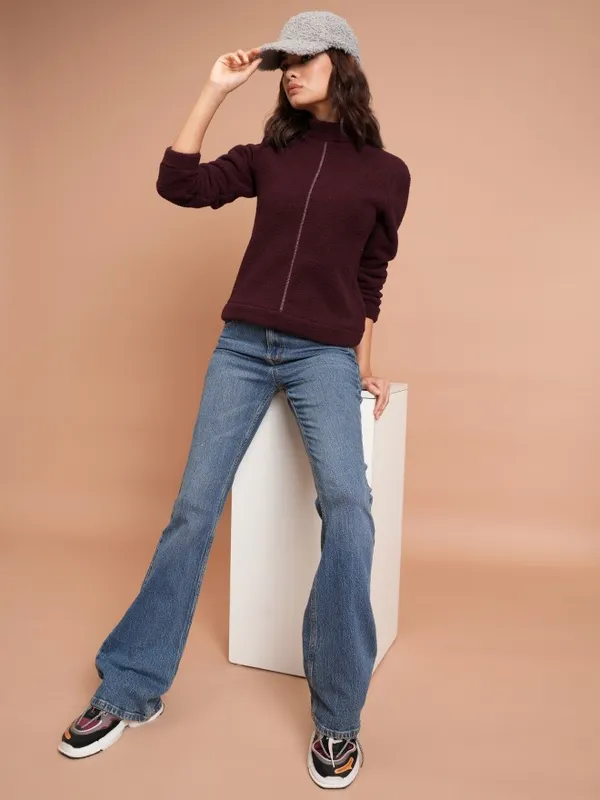  Tokyo Talkies Women Maroon Solid Pullover High Neck Sweatshirts