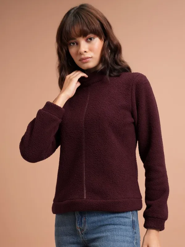  Tokyo Talkies Women Maroon Solid Pullover High Neck Sweatshirts