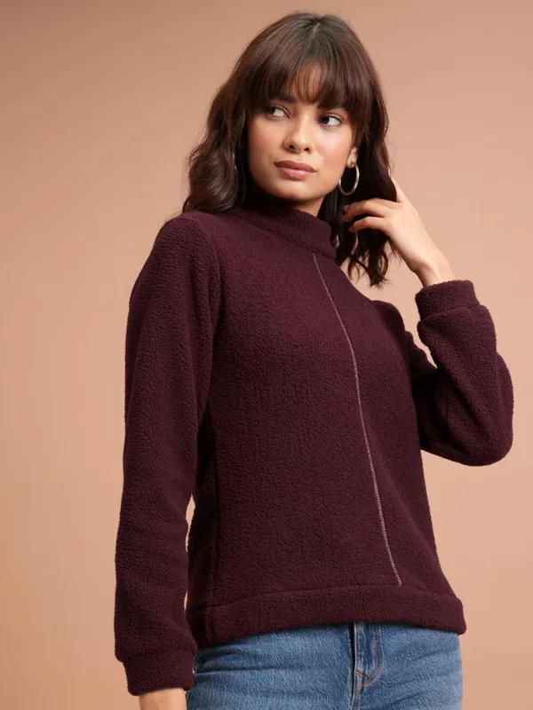  Tokyo Talkies Women Maroon Solid Pullover High Neck Sweatshirts