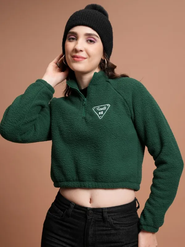  Tokyo Talkies Women Green Self Design Pullover High Neck Sweatshirts