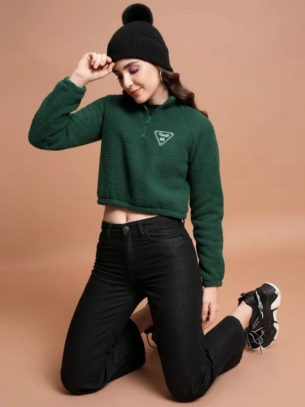  Tokyo Talkies Women Green Self Design Pullover High Neck Sweatshirts