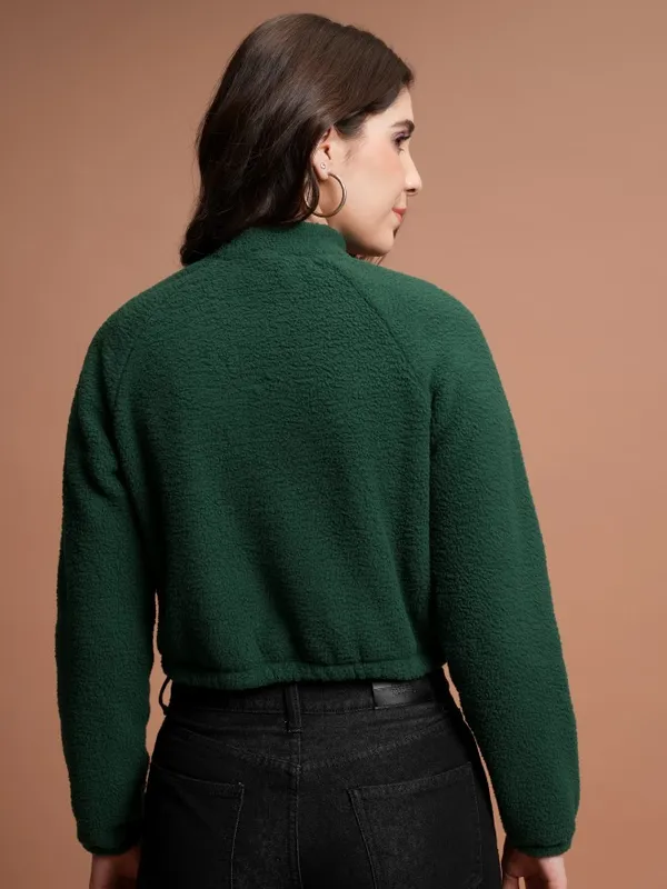  Tokyo Talkies Women Green Self Design Pullover High Neck Sweatshirts