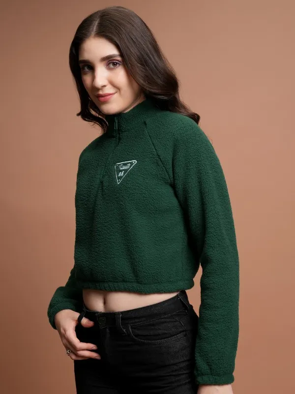  Tokyo Talkies Women Green Self Design Pullover High Neck Sweatshirts