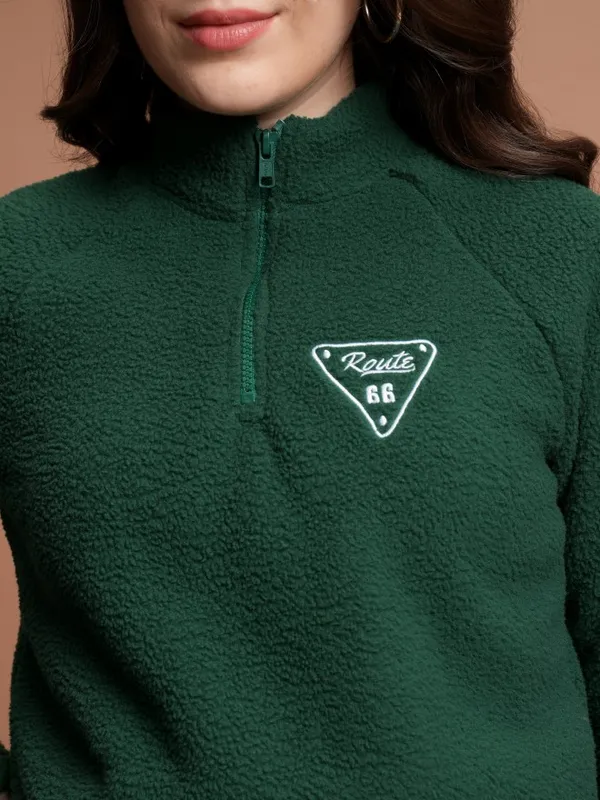  Tokyo Talkies Women Green Self Design Pullover High Neck Sweatshirts