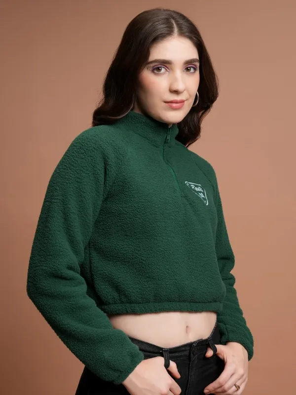 Tokyo Talkies Women Green Self Design Pullover High Neck Sweatshirts