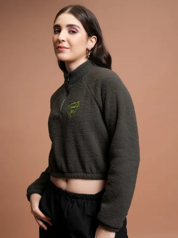  Tokyo Talkies Women Grey Self Design Pullover High Neck Sweatshirts