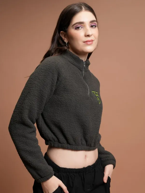  Tokyo Talkies Women Grey Self Design Pullover High Neck Sweatshirts