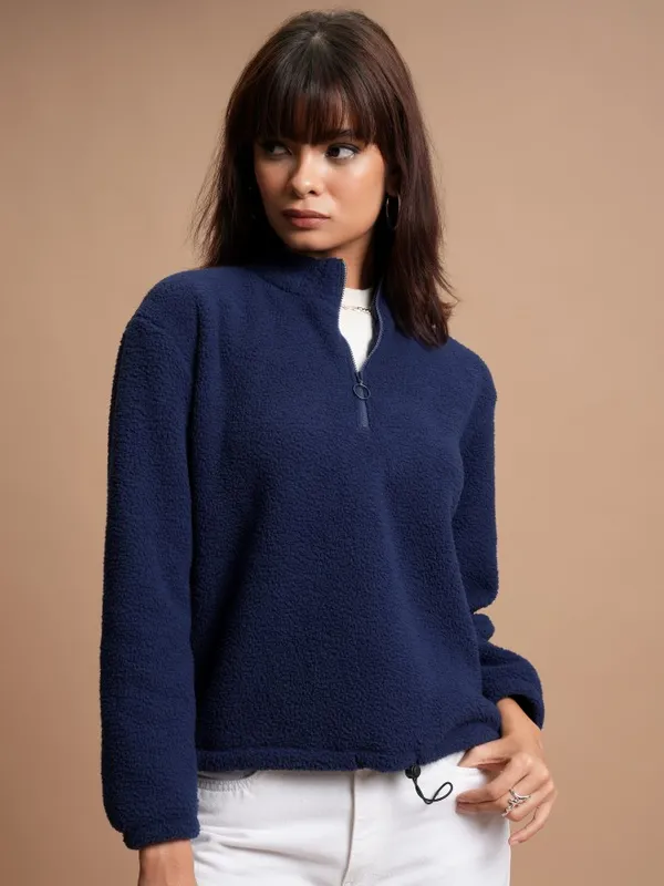  Tokyo Talkies Women Navy Blue Solid Pullover High Neck Sweatshirts