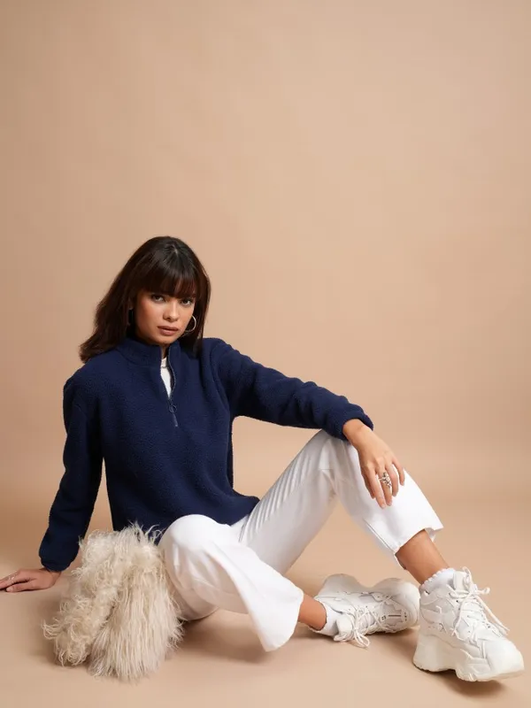  Tokyo Talkies Women Navy Blue Solid Pullover High Neck Sweatshirts