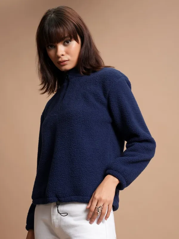  Tokyo Talkies Women Navy Blue Solid Pullover High Neck Sweatshirts