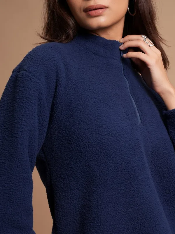  Tokyo Talkies Women Navy Blue Solid Pullover High Neck Sweatshirts