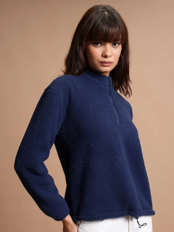  Tokyo Talkies Women Navy Blue Solid Pullover High Neck Sweatshirts