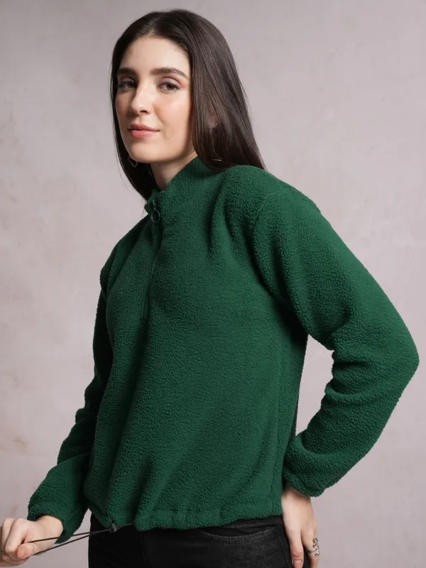  Tokyo Talkies Women Green Solid Pullover High Neck Sweatshirts