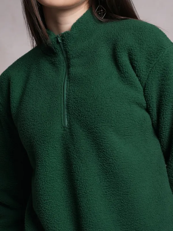  Tokyo Talkies Women Green Solid Pullover High Neck Sweatshirts
