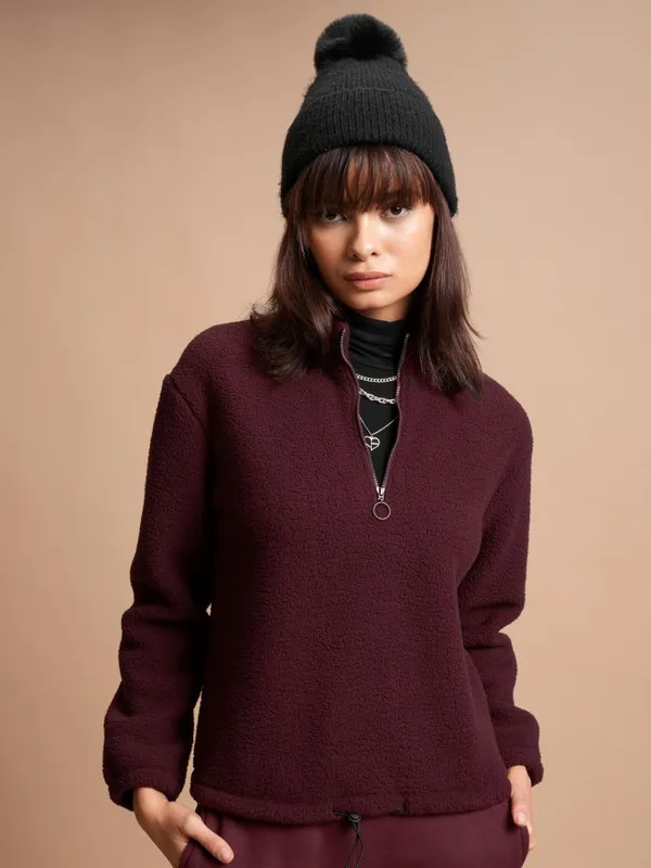  Tokyo Talkies Women Maroon Solid Pullover High Neck Sweatshirts