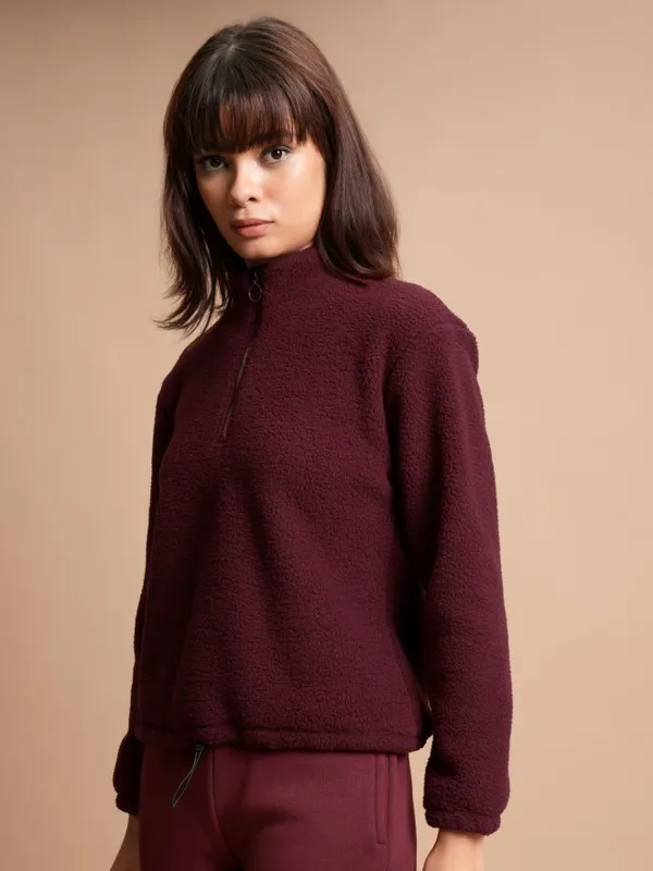  Tokyo Talkies Women Maroon Solid Pullover High Neck Sweatshirts