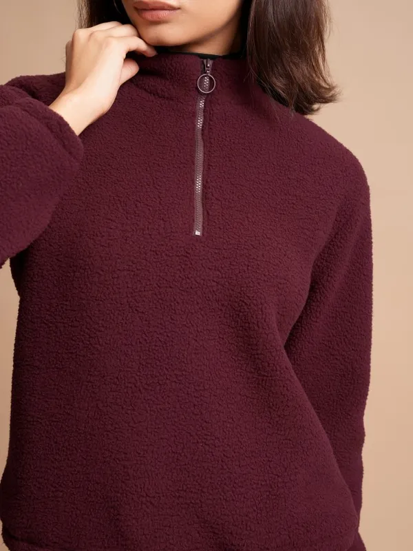 Tokyo Talkies Women Maroon Solid Pullover High Neck Sweatshirts