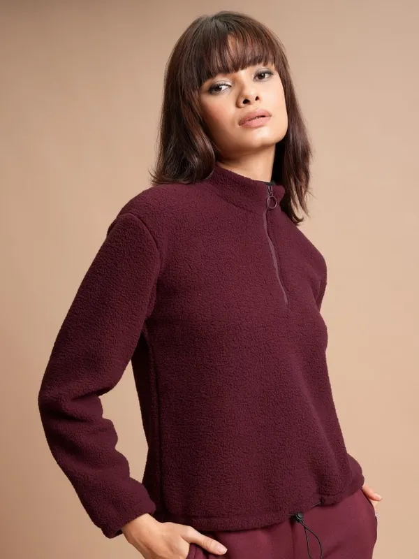 Tokyo Talkies Women Maroon Solid Pullover High Neck Sweatshirts