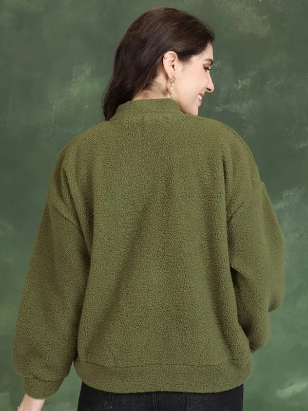  Tokyo Talkies Women Olive Solid Pullover High Neck Sweatshirts
