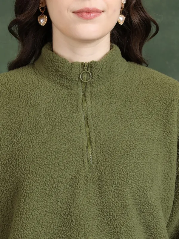  Tokyo Talkies Women Olive Solid Pullover High Neck Sweatshirts