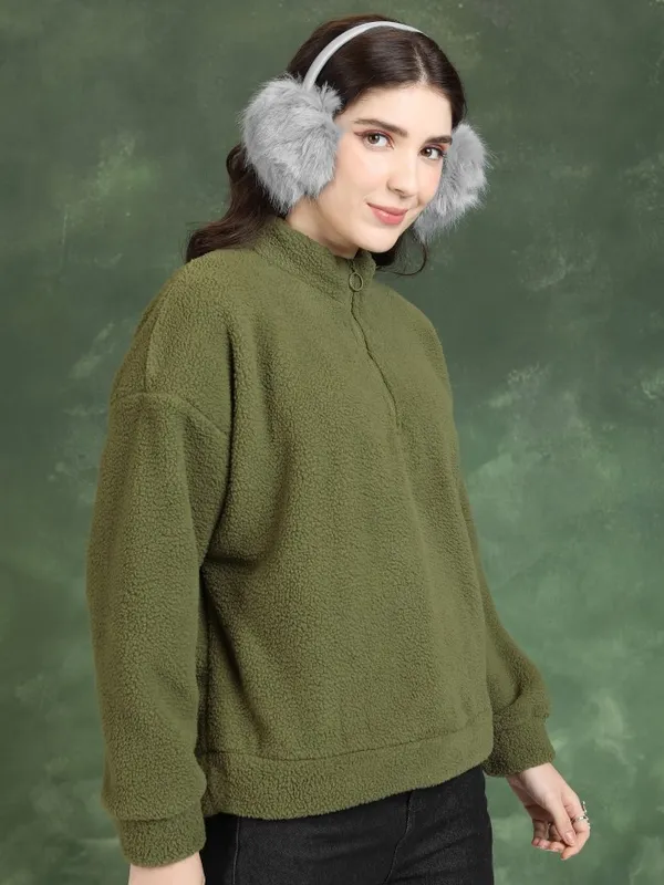 Tokyo Talkies Women Olive Solid Pullover High Neck Sweatshirts