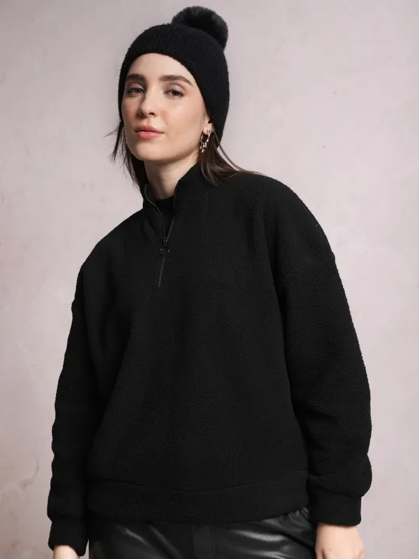  Tokyo Talkies Women Black Solid Pullover High Neck Sweatshirts
