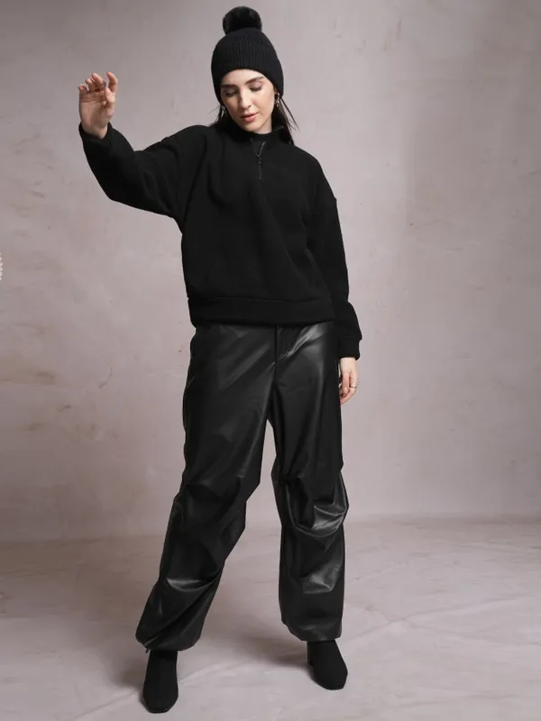  Tokyo Talkies Women Black Solid Pullover High Neck Sweatshirts