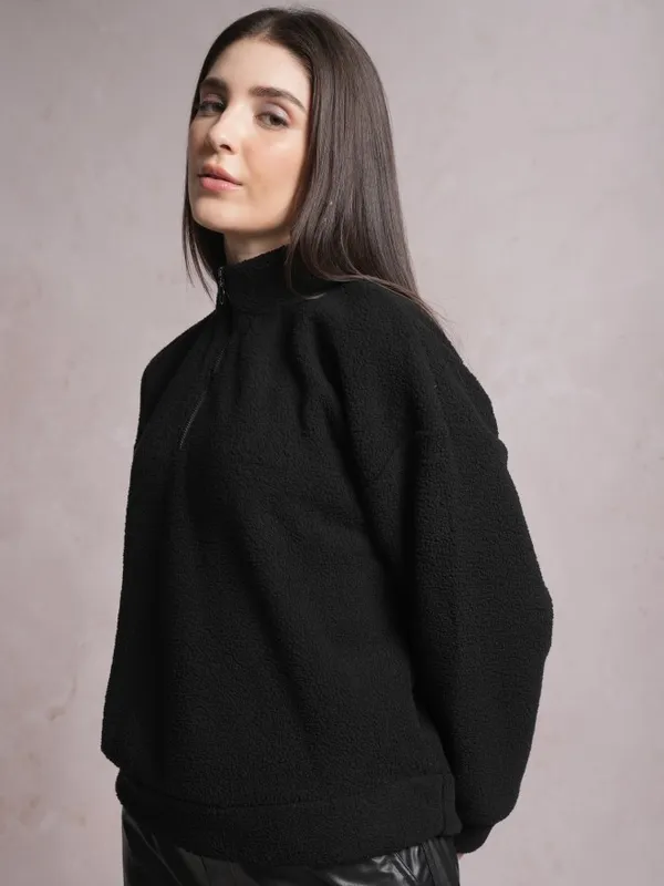  Tokyo Talkies Women Black Solid Pullover High Neck Sweatshirts