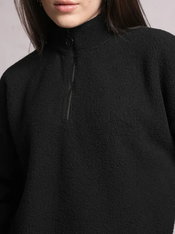  Tokyo Talkies Women Black Solid Pullover High Neck Sweatshirts