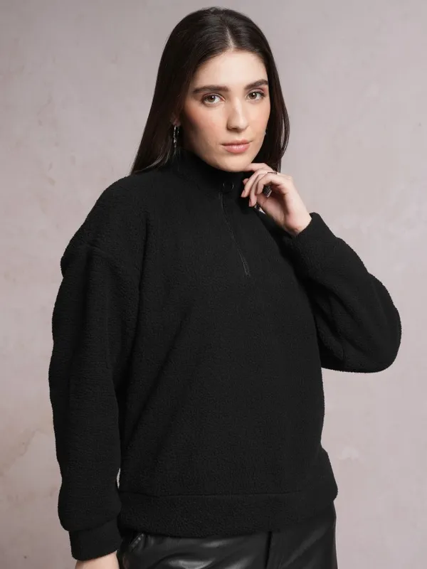  Tokyo Talkies Women Black Solid Pullover High Neck Sweatshirts